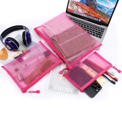 Sinzip 12 Pieces Zipper Nylon Mesh Pouch, Mesh Cosmetic Bags Makeup Bags Pencil Case, Multipurpose Travel Bags for Cosmetic School Office Supplies and Travel Accessories (Light Pink, Assorted Sizes) - Image 4