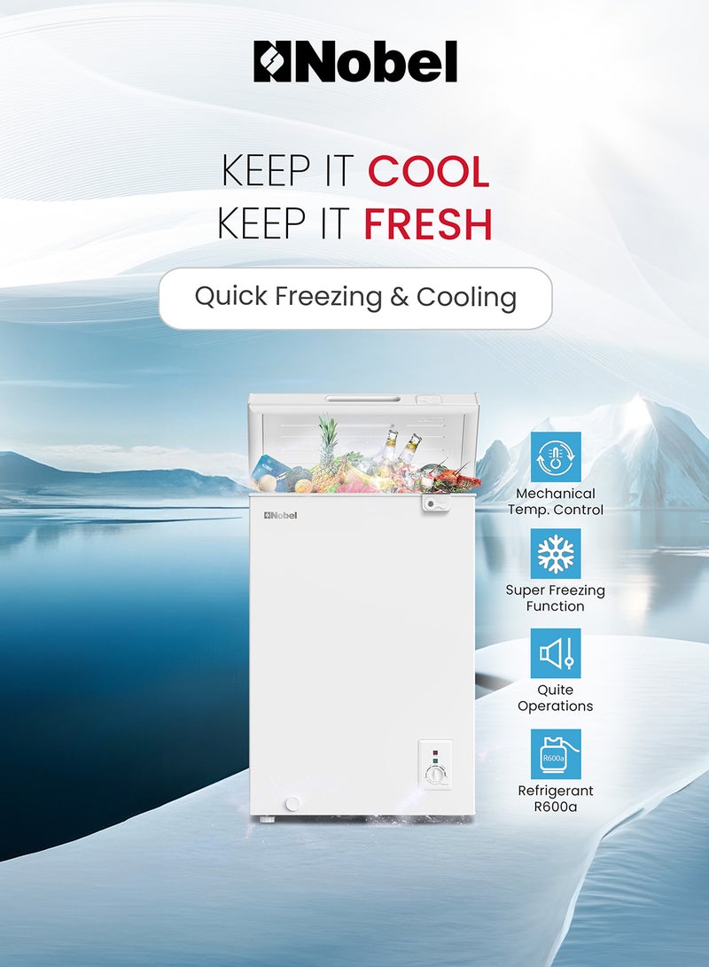 Nobel 140 Ltr Gross /99 Ltr Net Capacity Single Door Chest Freezer, R600a Refrigerant, Mechanical Control, Recessed Handle, Inner 140 L 200 W NCF145 White - Image 4