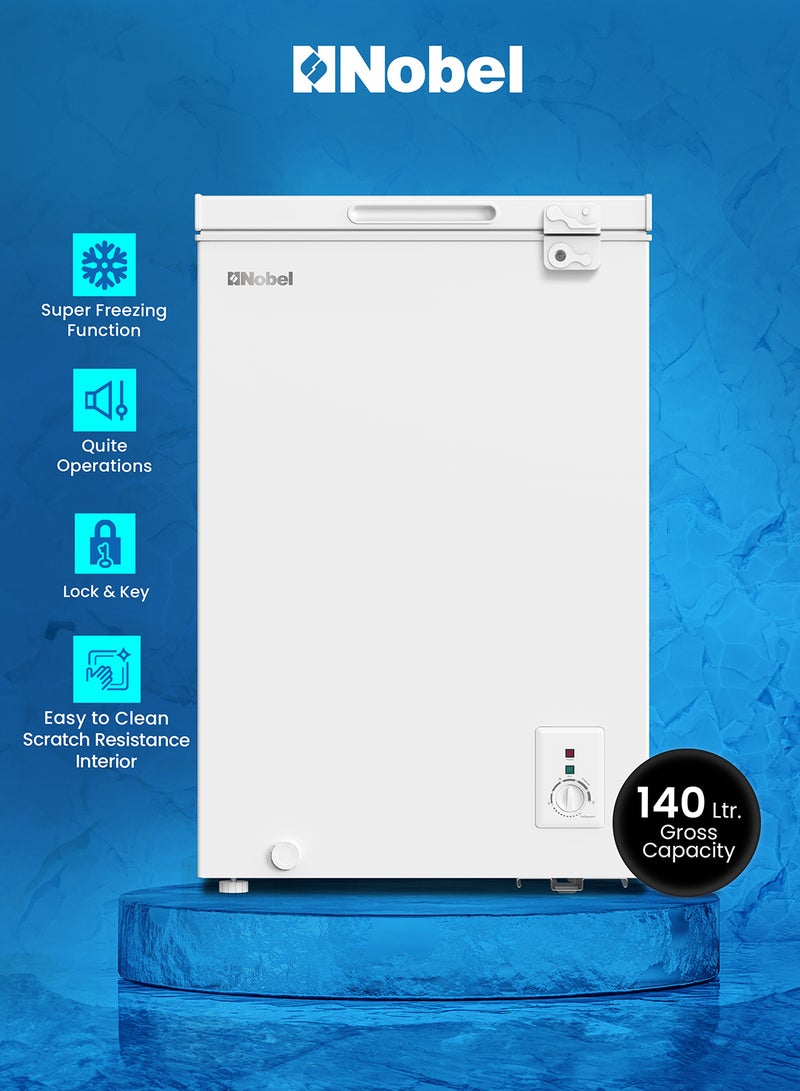 Nobel 140 Ltr Gross /99 Ltr Net Capacity Single Door Chest Freezer, R600a Refrigerant, Mechanical Control, Recessed Handle, Inner 140 L 200 W NCF145 White - Image 1