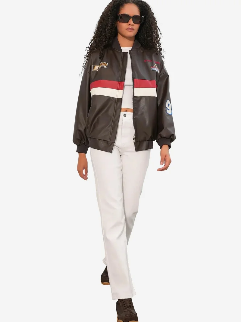 بيغ دارت BDART Fitted Crop Faux Leather Bomber Jacket with Bow