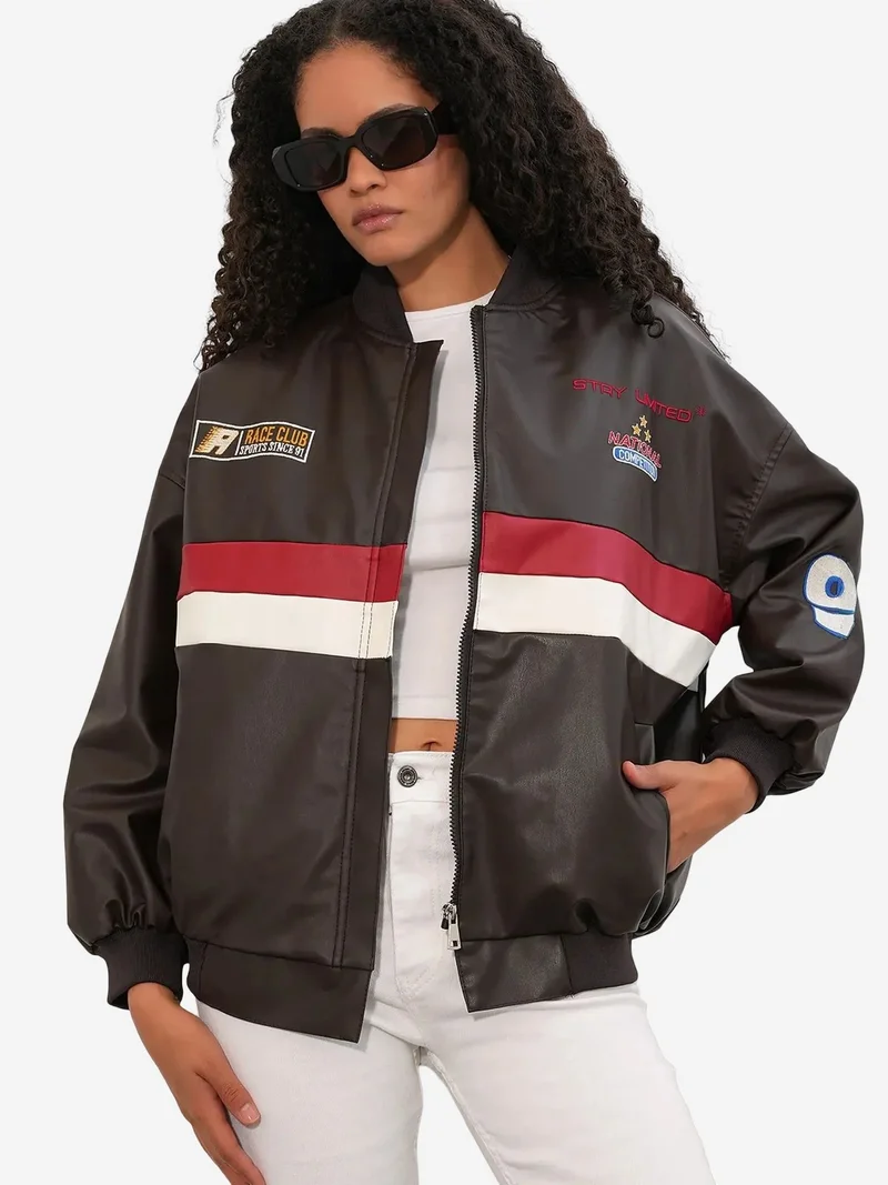 Big Dart Multicolor BDART Fitted Crop Faux Leather Bomber Jacket with Bow for Women | Best Price UAE