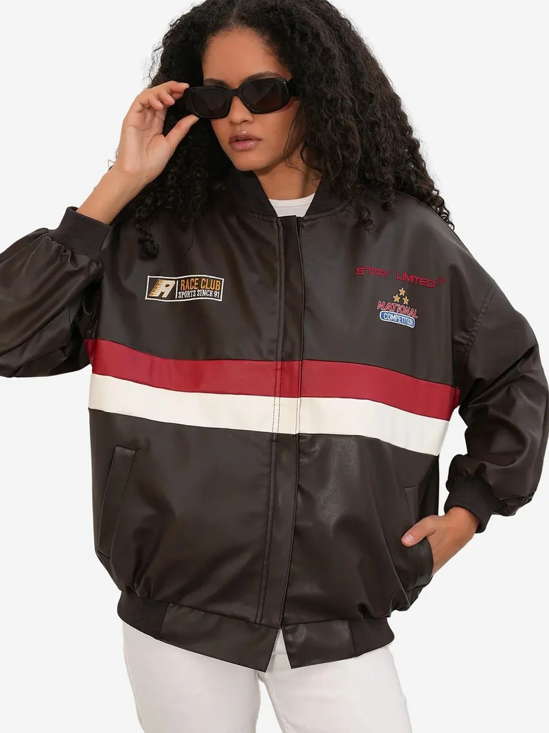 بيغ دارت BDART Fitted Crop Faux Leather Bomber Jacket with Bow