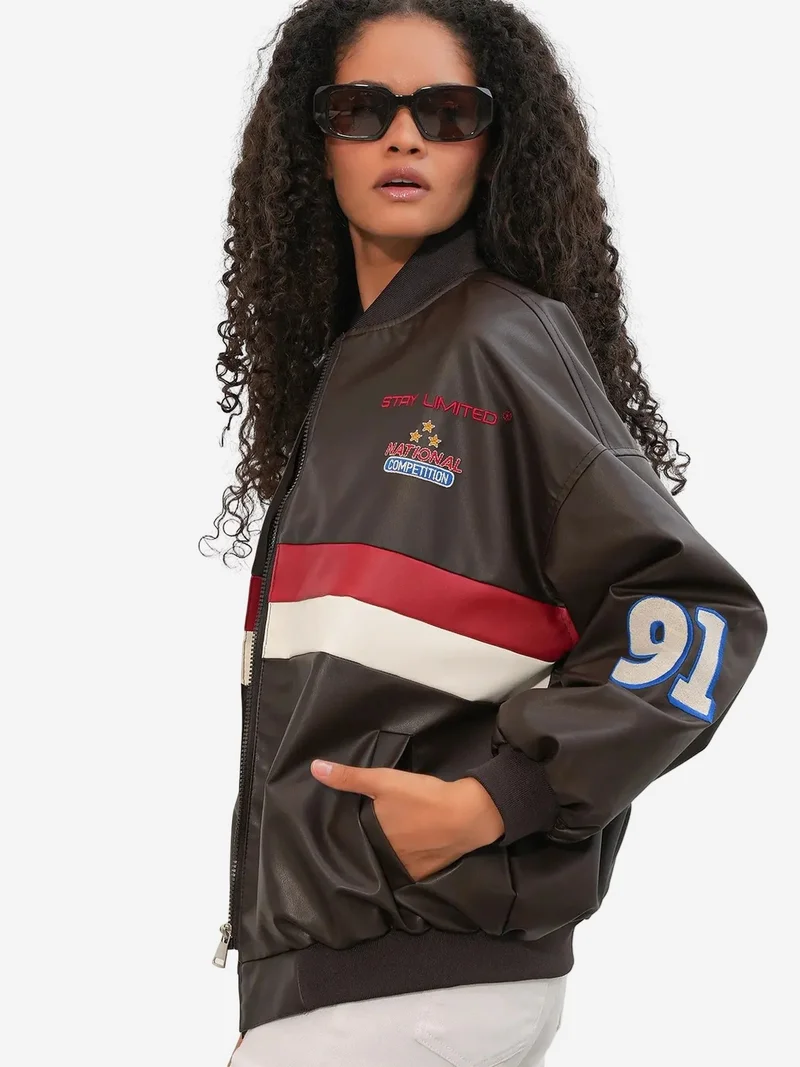 Big Dart Multicolor BDART Fitted Crop Faux Leather Bomber Jacket with Bow for Women | Best Price UAE