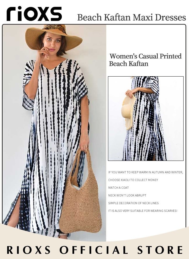 RIOXS Women's Kaftan Dresses, Plus Size Printed Bathing Suit Cover Up, Loose Fit V Neck Batwing Sleeve Loungewear Beach Robe for Ladies, Lightweight Breathble Beach Kaftan, Boho Maxi Beach Dress for Beach Trips, Poolside Lounging, Cruise Parties, Water Parks, Resorts and More - Image 4
