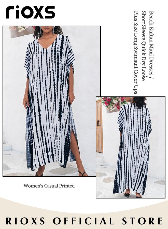 RIOXS Women's Kaftan Dresses, Plus Size Printed Bathing Suit Cover Up, Loose Fit V Neck Batwing Sleeve Loungewear Beach Robe for Ladies, Lightweight Breathble Beach Kaftan, Boho Maxi Beach Dress for Beach Trips, Poolside Lounging, Cruise Parties, Water Parks, Resorts and More - Image 5