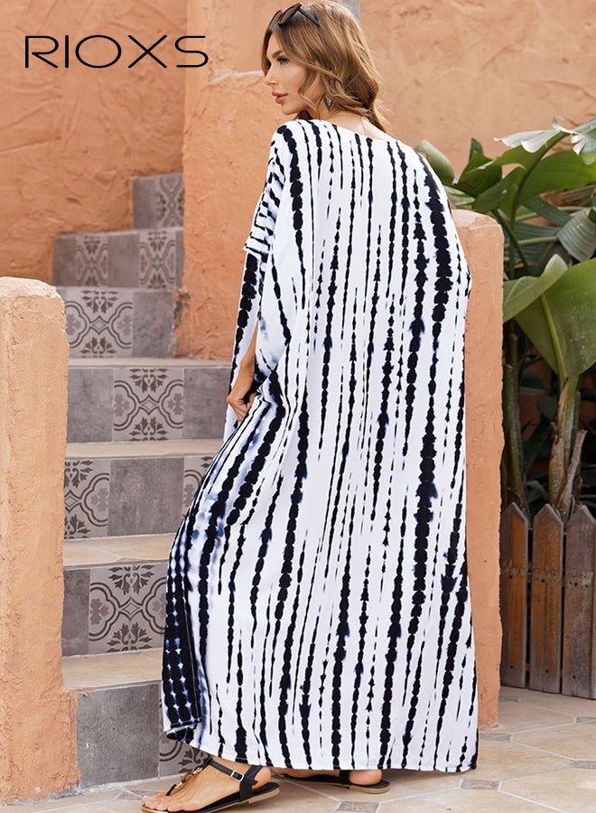 RIOXS Women's Kaftan Dresses, Plus Size Printed Bathing Suit Cover Up, Loose Fit V Neck Batwing Sleeve Loungewear Beach Robe for Ladies, Lightweight Breathble Beach Kaftan, Boho Maxi Beach Dress for Beach Trips, Poolside Lounging, Cruise Parties, Water Parks, Resorts and More - Image 2