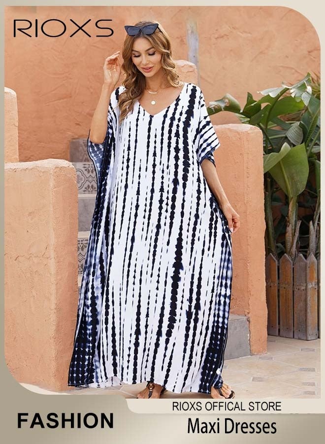RIOXS Women's Kaftan Dresses, Plus Size Printed Bathing Suit Cover Up, Loose Fit V Neck Batwing Sleeve Loungewear Beach Robe for Ladies, Lightweight Breathble Beach Kaftan, Boho Maxi Beach Dress for Beach Trips, Poolside Lounging, Cruise Parties, Water Parks, Resorts and More - Image 3