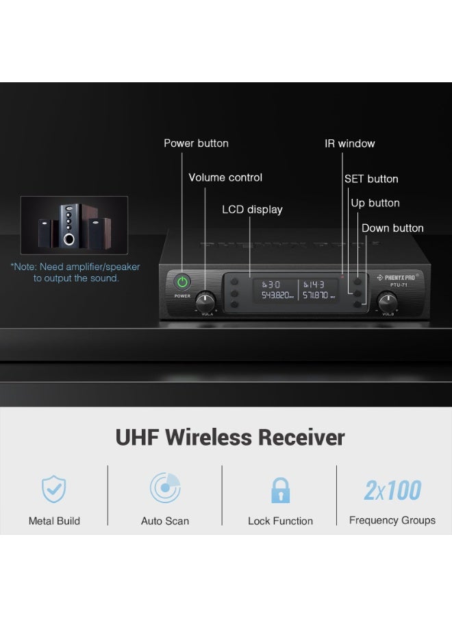 Phenyx Pro Wireless Microphone System Dual Handheld Mics Auto Scan 2x100 UHF Frequencies 328ft Range Dynamic Cordless Mic for Singing Karaoke Church Events PTU-71-2H - Image 3