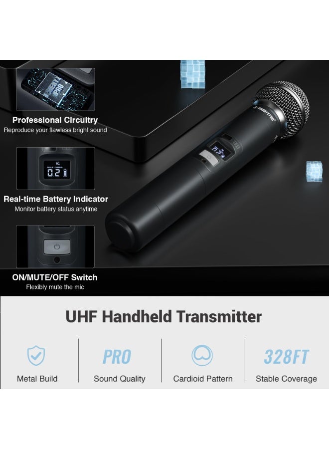 Phenyx Pro Wireless Microphone System Dual Handheld Mics Auto Scan 2x100 UHF Frequencies 328ft Range Dynamic Cordless Mic for Singing Karaoke Church Events PTU-71-2H - Image 4