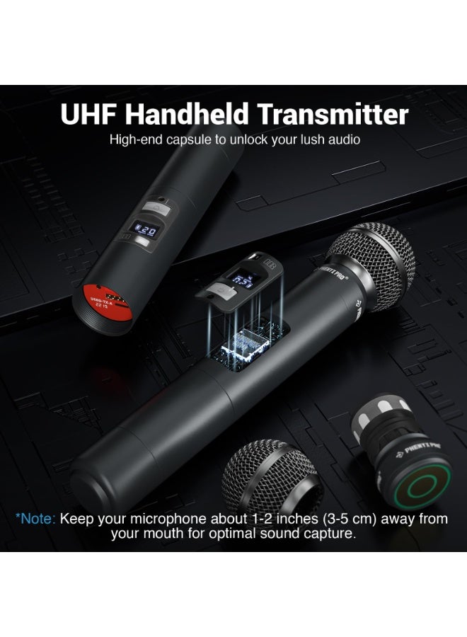 Phenyx Pro Wireless Microphone System Dual Handheld Mics Auto Scan 2x100 UHF Frequencies 328ft Range Dynamic Cordless Mic for Singing Karaoke Church Events PTU-71-2H - Image 5
