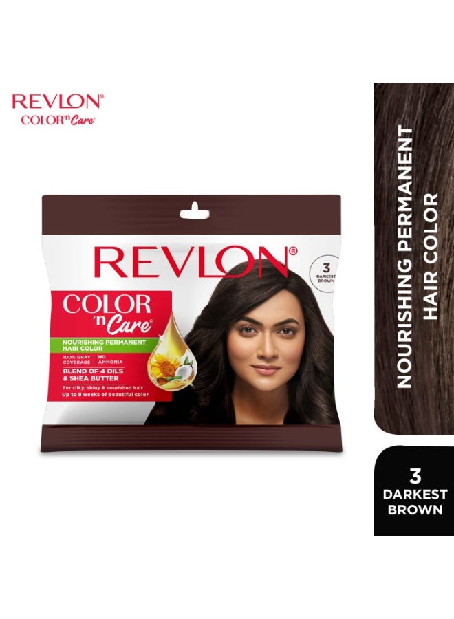 ريفلون صبغة الشعر الدائمة "ريفلون كولور آند كير" (Revlon Color 'n Care) للنساء - درجة 3 (بني داكن جداً) | مزيج من 4 زيوت وزبدة الشيا | لشعر حريري ولامع ومُغذّى | تغطية كاملة للشعر الأبيض (100%) خلال 5 دقائق | خالية من الأمونيا - Image 3