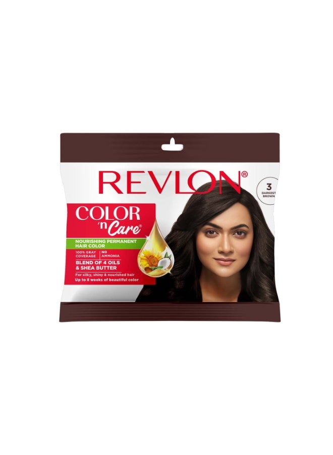 ريفلون صبغة الشعر الدائمة "ريفلون كولور آند كير" (Revlon Color 'n Care) للنساء - درجة 3 (بني داكن جداً) | مزيج من 4 زيوت وزبدة الشيا | لشعر حريري ولامع ومُغذّى | تغطية كاملة للشعر الأبيض (100%) خلال 5 دقائق | خالية من الأمونيا - Image 1