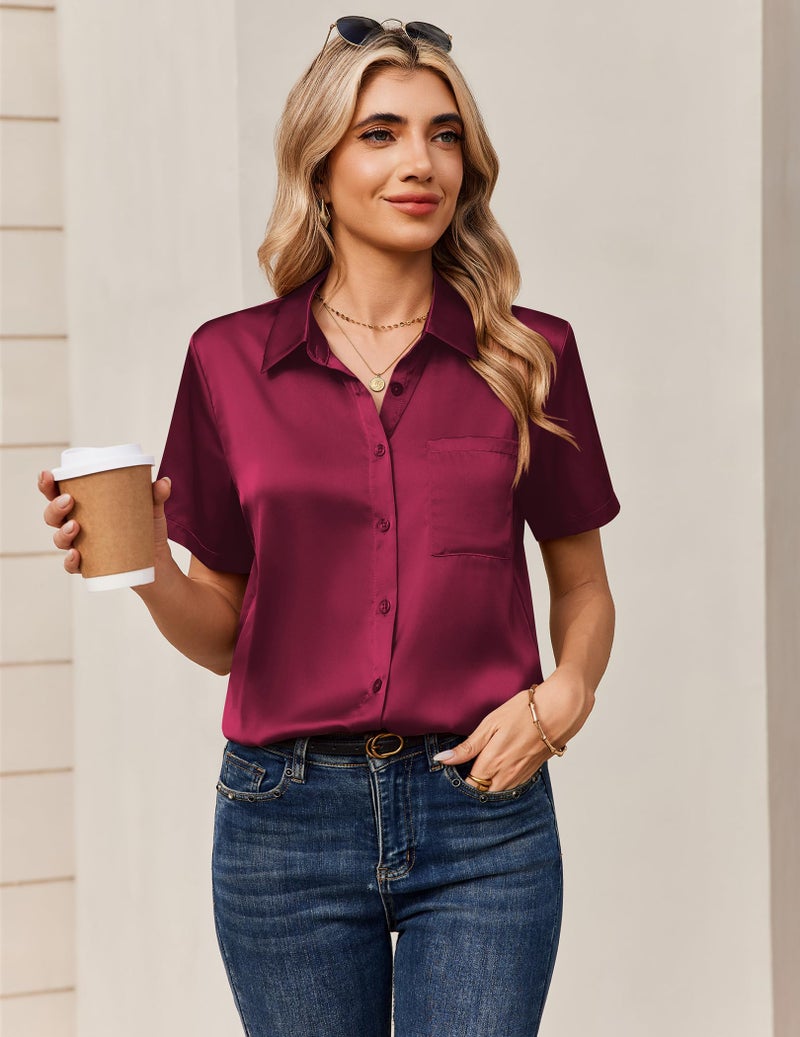 Zeagoo Womens Blouses Satin Short Sleeve Shirts Silk Button Up Formal Clothes Business Work Tops Wine Red - Image 5