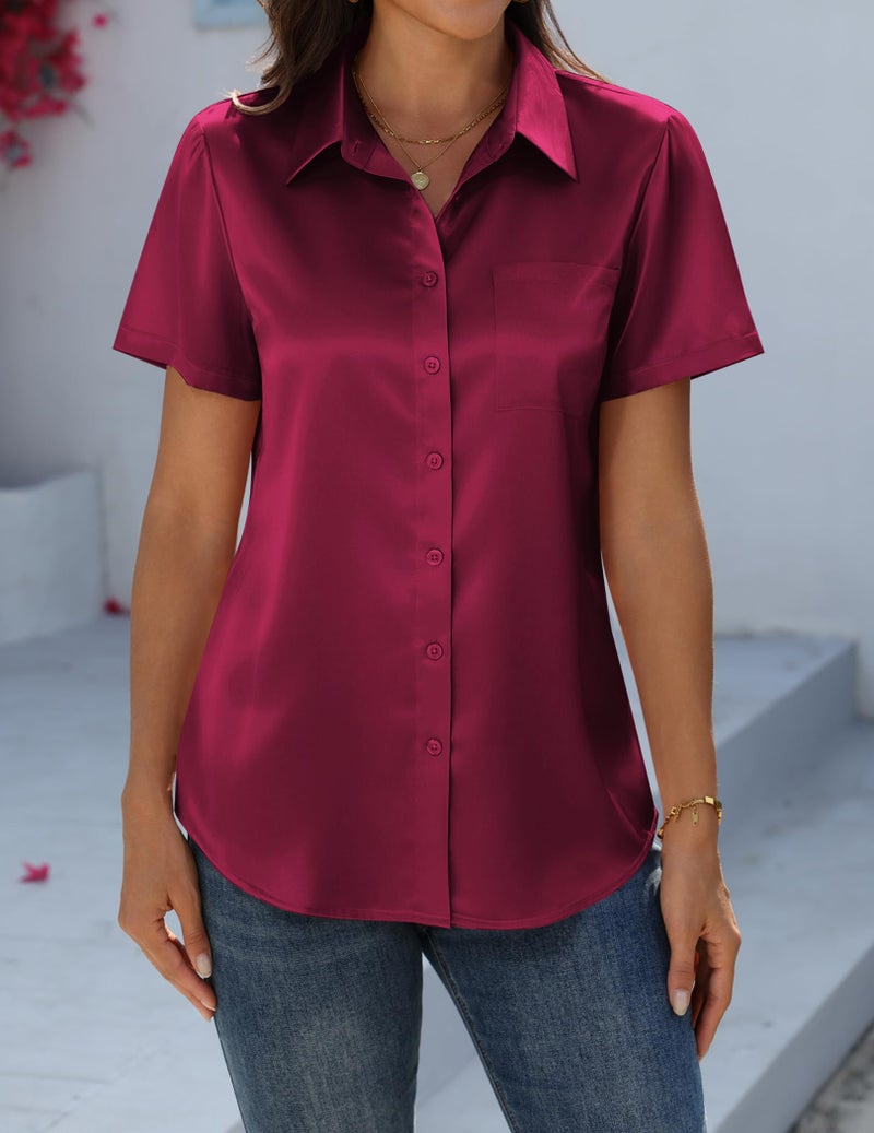 Zeagoo Womens Blouses Satin Short Sleeve Shirts Silk Button Up Formal Clothes Business Work Tops Wine Red - Image 4