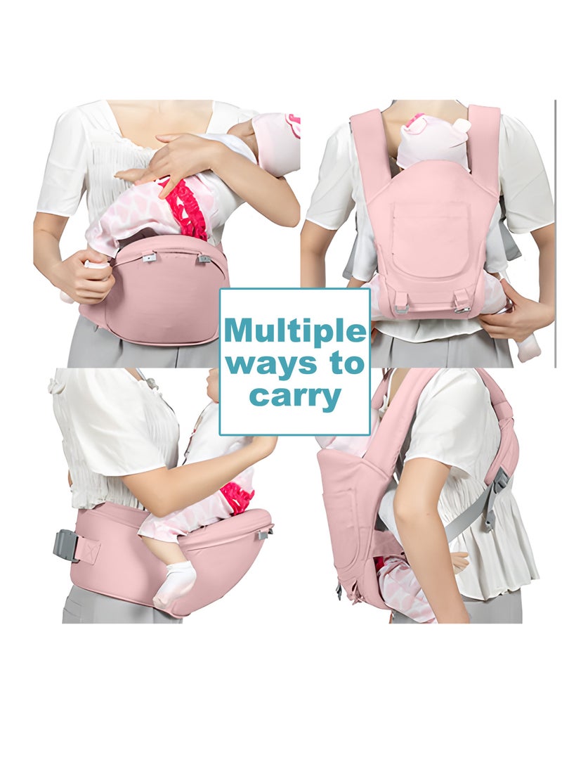 Pink Multifunctional 3-in-1 Baby Carrier with Waist Stool & Hip Seat - Ergonomic Design for Newborn to Toddler, Made of 100% Premium Cotton for All-Season Comfort, Adjustable for Parents, Suitable Babies Aged 0-36 Months - Image 4