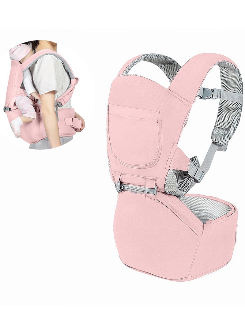 Pink Multifunctional 3-in-1 Baby Carrier with Waist Stool & Hip Seat - Ergonomic Design for Newborn to Toddler, Made of 100% Premium Cotton for All-Season Comfort, Adjustable for Parents, Suitable Babies Aged 0-36 Months - Image 1