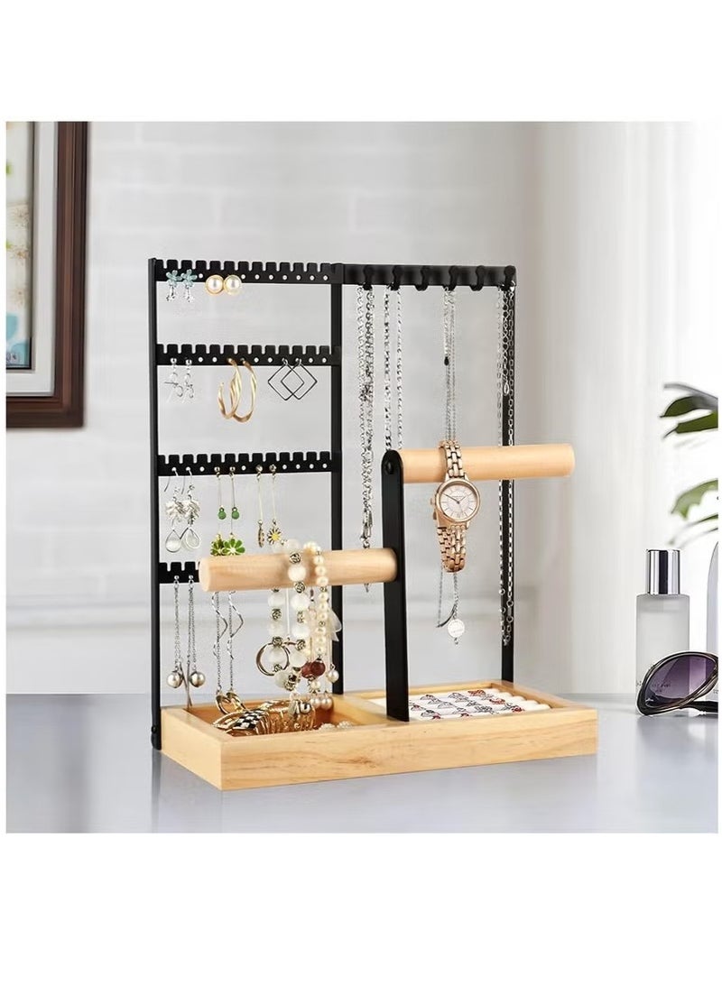 Beauenty Jewelry Organizer Stand Necklace Holder, 4 Tier Necklace Holder Stand with Wooden Tray, Jewelry Holder Stand for Rings Earrings Necklaces Bracelets, White Jewelry Stand (Black)  - Image 4
