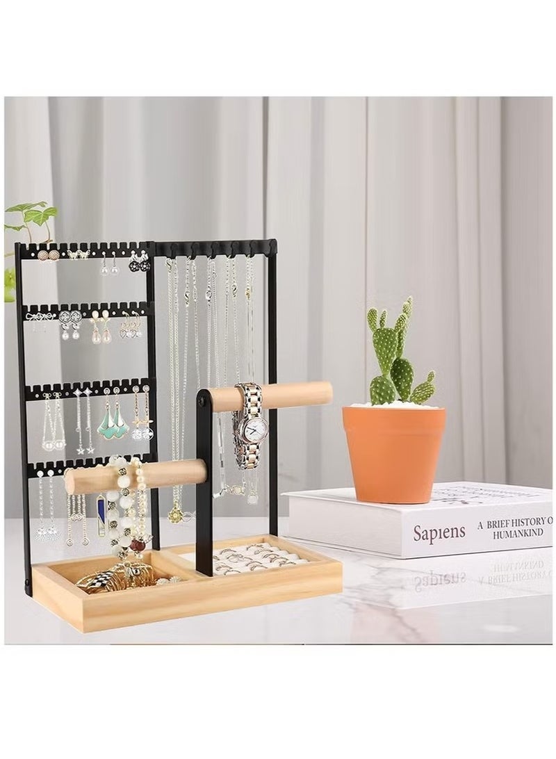 Beauenty Jewelry Organizer Stand Necklace Holder, 4 Tier Necklace Holder Stand with Wooden Tray, Jewelry Holder Stand for Rings Earrings Necklaces Bracelets, White Jewelry Stand (Black)  - Image 2