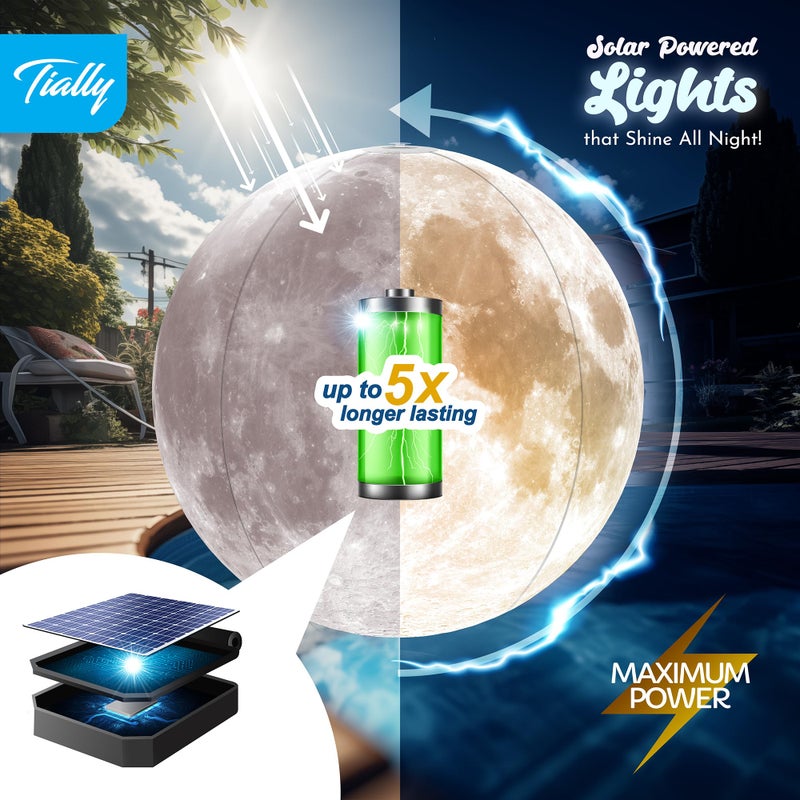 TIALLY Full Moon Floating Pool Lights Solar Powered - 14" Inflatable Pool Balls for Swimming Pool, Solar Pool Lights That Float, Outdoor Pool Party Decorations - Pool Gifts for Pool Owners (2 Pack) - Image 3