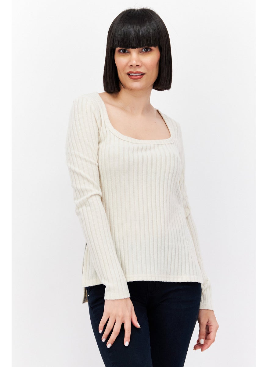 Sage Collective Women Square Neck Long Sleeves Textured Top, Cream  - Image 1