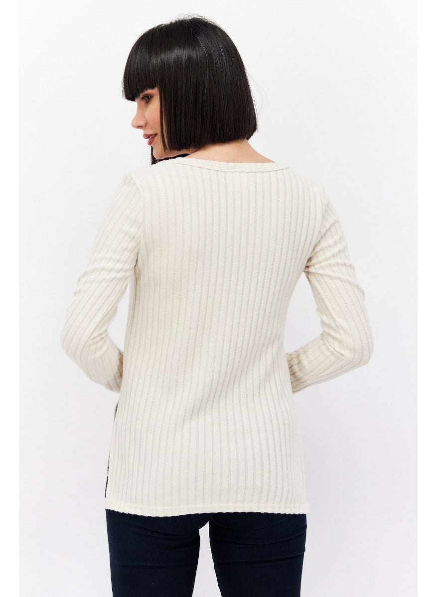 Sage Collective Women Square Neck Long Sleeves Textured Top, Cream  - Image 3
