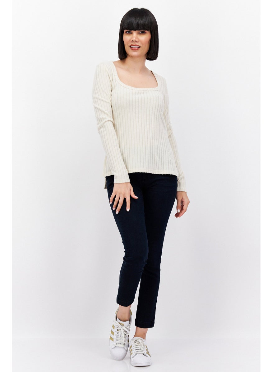 Sage Collective Women Square Neck Long Sleeves Textured Top, Cream  - Image 4