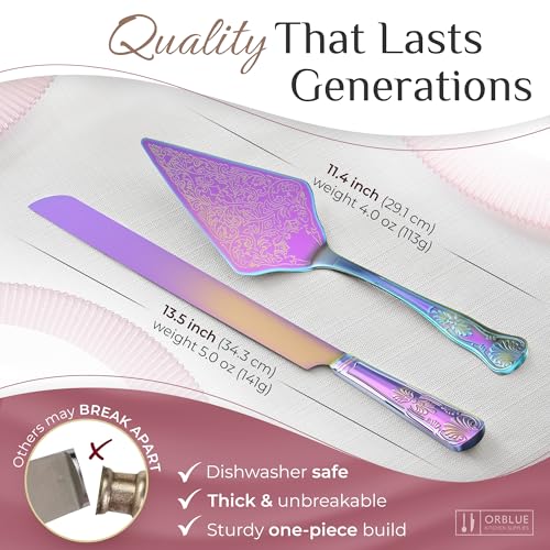 Orblue Wedding Cake Knife and Server Set - Premium, Beautifully Engraved Cutting Set - Elegant Keepsake for Newlyweds Multicolored - Image 4