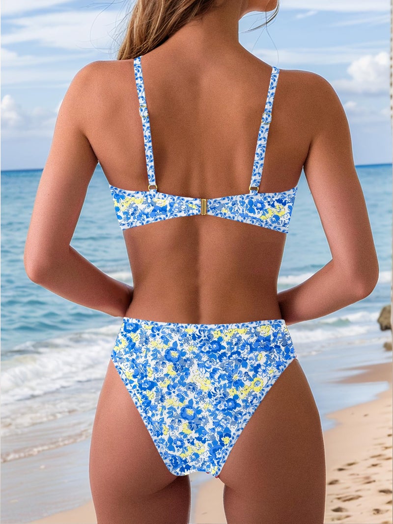 Tainehs Women's Two Piece Bikini Sets O Ring Front Top Ditsy Floral Triangle Swimsuits Cheeky Bathing Suit - Image 3