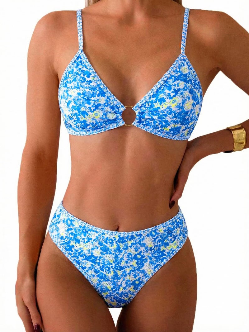 Tainehs Women's Two Piece Bikini Sets O Ring Front Top Ditsy Floral Triangle Swimsuits Cheeky Bathing Suit - Image 1