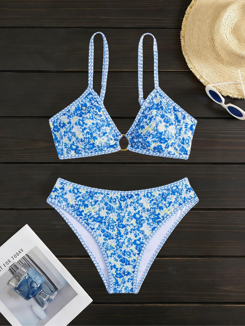 Tainehs Women's Two Piece Bikini Sets O Ring Front Top Ditsy Floral Triangle Swimsuits Cheeky Bathing Suit - Image 4