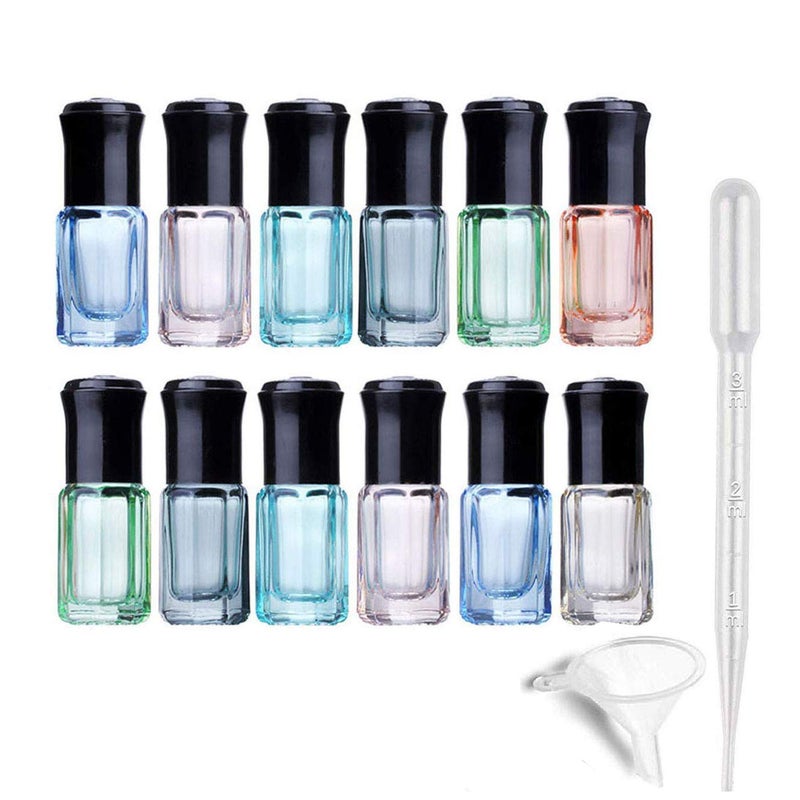 12Pcs 3ml Colorful Octagonal Glass Roller Bottles Mini Essential Oil Massage Roll-on Bottle Vials Travel Cosmetic Perfume Sample Containers with Steel Ball Black Cap, 1PC Transfer Dropper and Funnel