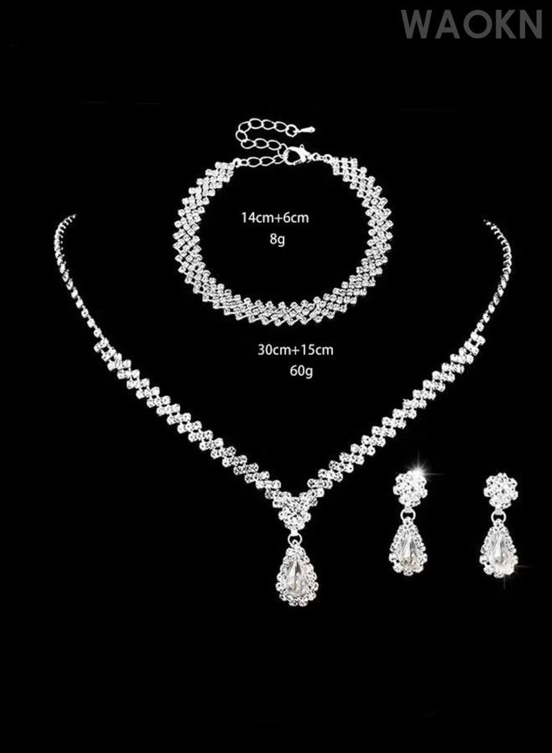WAOKN Women's 4 PCS Rhinestone Necklace , Earrings Bracelet Set Drop-Shaped Pendant V-Neck Chain , Ear Dangle , Bridal Evening Dress Accessories ,suitable for Women Simple Versatile , Gifts for girlfriend, wife, and mother ,Silvery . - Image 3
