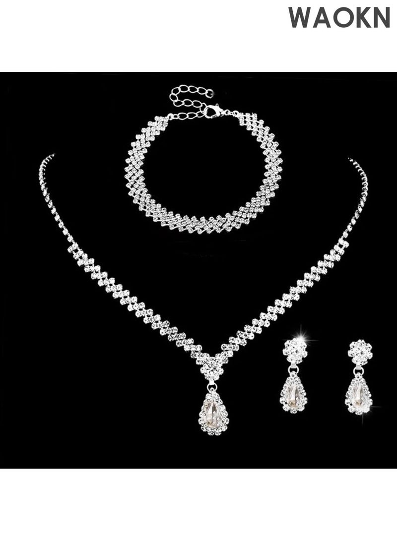WAOKN Women's 4 PCS Rhinestone Necklace , Earrings Bracelet Set Drop-Shaped Pendant V-Neck Chain , Ear Dangle , Bridal Evening Dress Accessories ,suitable for Women Simple Versatile , Gifts for girlfriend, wife, and mother ,Silvery . - Image 1
