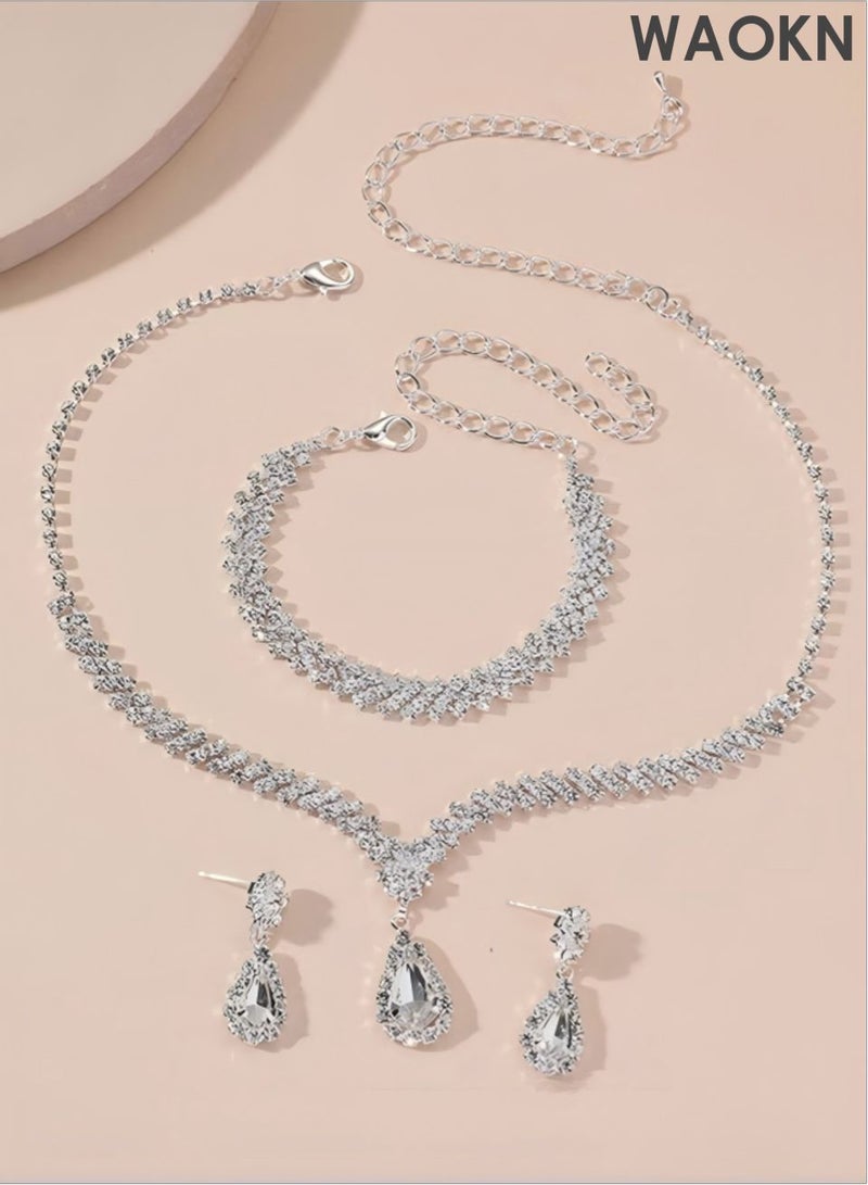 WAOKN Women's 4 PCS Rhinestone Necklace , Earrings Bracelet Set Drop-Shaped Pendant V-Neck Chain , Ear Dangle , Bridal Evening Dress Accessories ,suitable for Women Simple Versatile , Gifts for girlfriend, wife, and mother ,Silvery . - Image 4