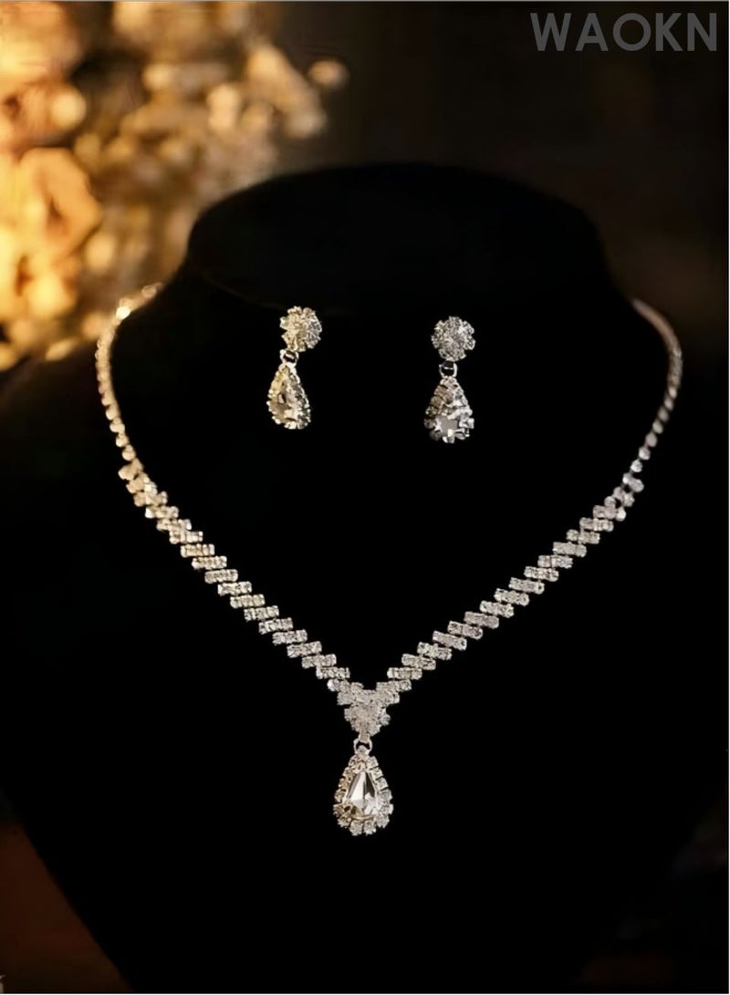 WAOKN Women's 4 PCS Rhinestone Necklace , Earrings Bracelet Set Drop-Shaped Pendant V-Neck Chain , Ear Dangle , Bridal Evening Dress Accessories ,suitable for Women Simple Versatile , Gifts for girlfriend, wife, and mother ,Silvery . - Image 5