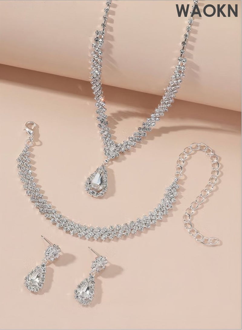 WAOKN Women's 4 PCS Rhinestone Necklace , Earrings Bracelet Set Drop-Shaped Pendant V-Neck Chain , Ear Dangle , Bridal Evening Dress Accessories ,suitable for Women Simple Versatile , Gifts for girlfriend, wife, and mother ,Silvery . - Image 2