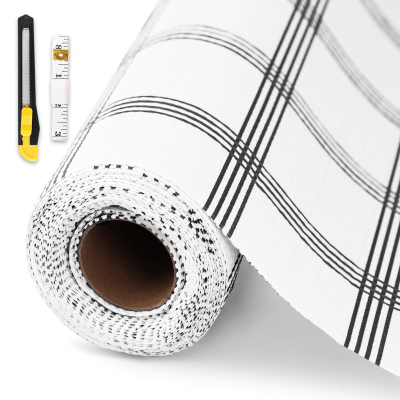 GTJ Drawer and Shelf Liner for Kitchen Cabinet,Non-Adhesive Cabinet Liner 12in x 20FT,Waterproof Shelf Paper Non-Slip Mats Cupboard Liners Contact Protect Dresser/Shelves/Table-White Stripes - Image 1