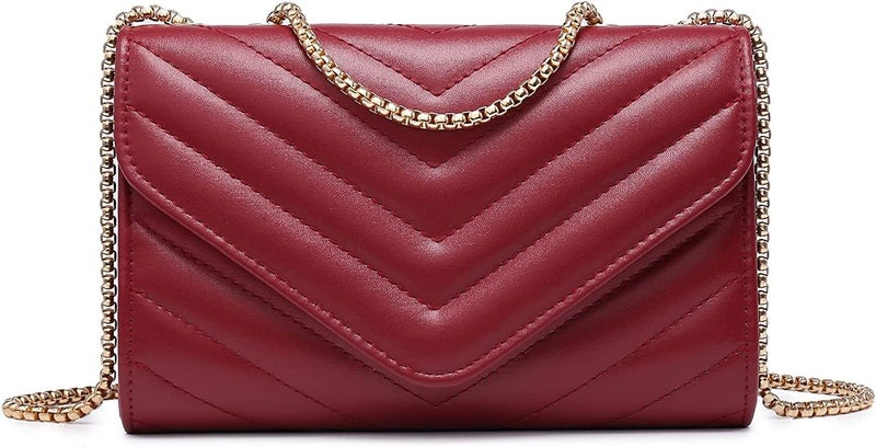 KRIFTY Womens Small Quilted Crossbody Bags Stylish Designer Evening Bag Clutch Purses And Handbags With Chain Shoulder Strap (Dark Pink) (Maroon) - Image 1