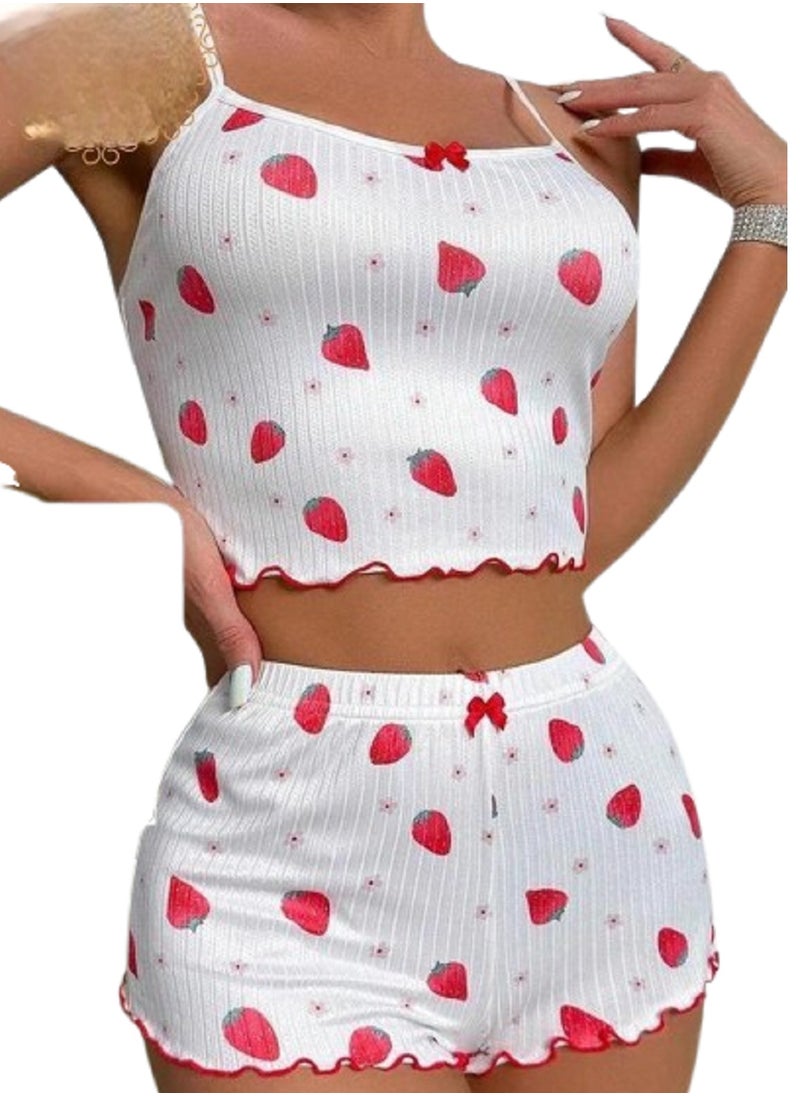 MANIKAN MANIKAN Women's Two-Piece Pajama Set with Strawberry Print Strappy Top and Shorts 