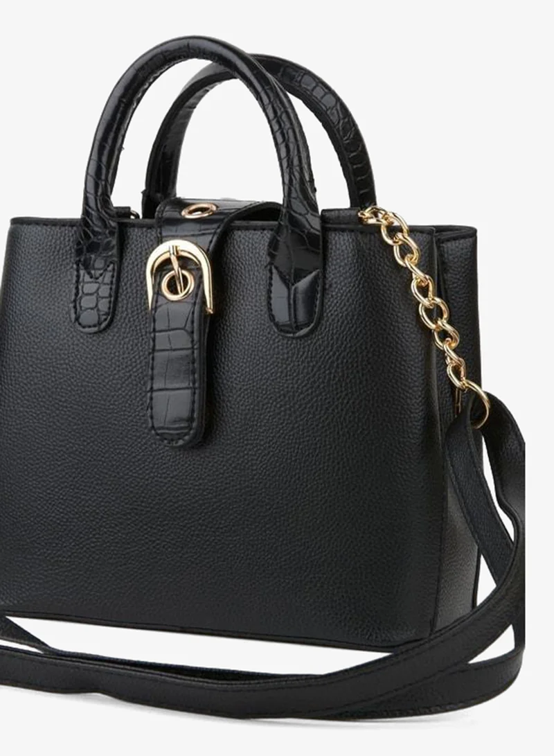 Women's Black Faux Leather Box Shoulder and Hand Strap Snap Zipper Closure Bag.