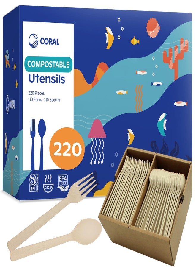 CORAL Light Brown 100% Compostable Spoons & Forks Set - 220 Pieces - No Plastic Utensil 110 Forks, 110 Soup Spoons - Break Resistant with Smooth Edges, Ocean Friendly Alternative to Plastic Silverware - Image 1