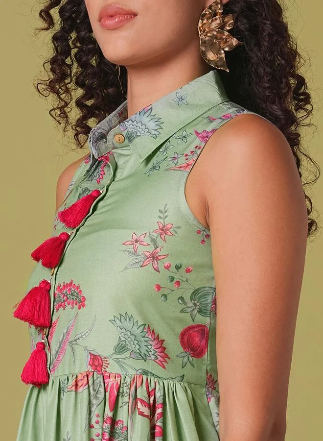 Globus  Floral Print Tassel Detail Gathered Midi Fusion Dress for Women | Best Price UAE