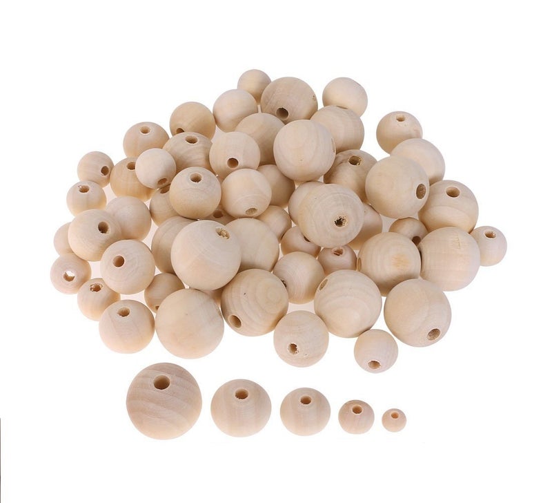 Amaney 400pcs 6mm14mm Unfinished Wood Beads Assorted Natural Round Ball Loose Solid Wooden Spacer Beads for Crafts DIY Handmade Jewelry Making Bracelet Garland Hair
