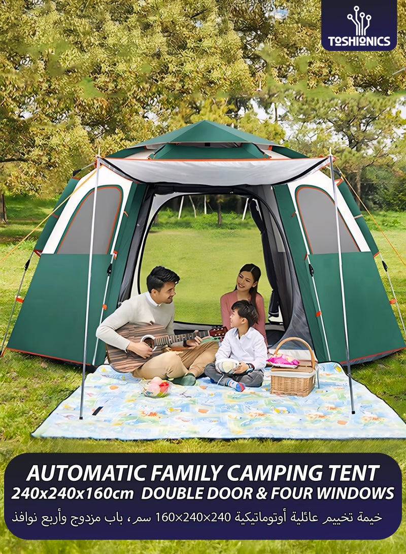 Toshionics Automatic Family Camping Tent 4-6 Person Waterproof Cabin Tent Easy Setup One-Touch Tent Spacious Size Sunshade Tent Simple Tent Lightweight and Insect Repellent Outdoor Beach Tent with Double Doors and 4 Windows 240x240x160 cm, 4.05 kg  - Image 1