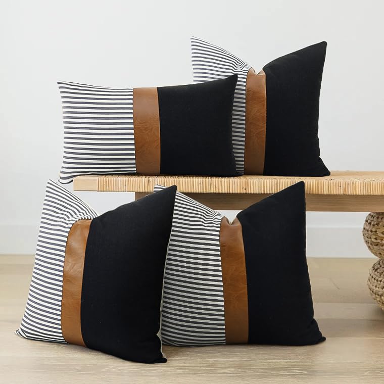 cygnus 20x20 Pillow Covers Set of 2 Farmhouse Decor Stripe Patchwork Linen Throw Pillow Covers Modern Faux Leather Covers for Couch Sofa Black - Image 4