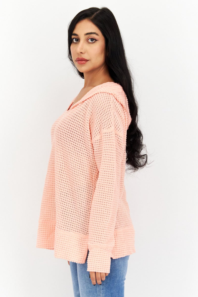 Weatherproof Women Hooded Long Sleeves Knitted Sweatshirt, Coral - Image 3