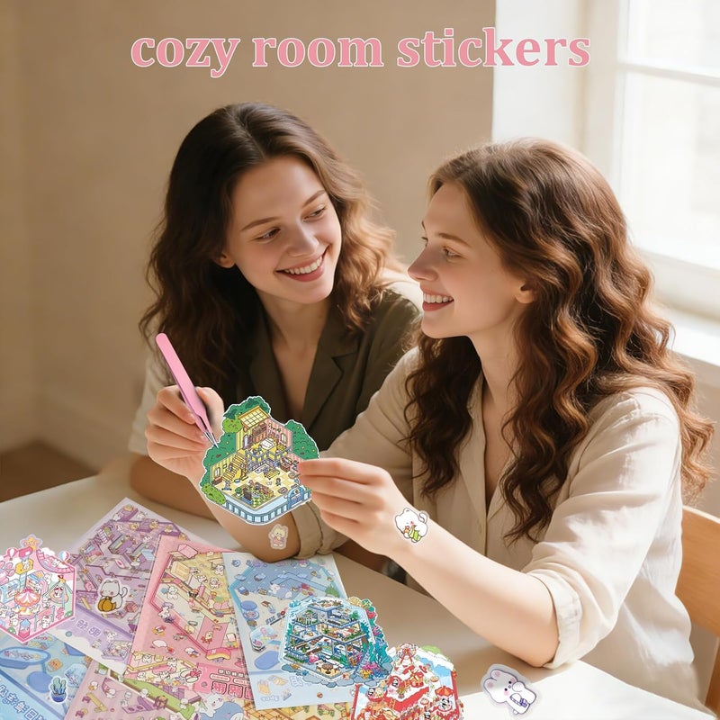 ملصقات منزل ثلاثية الأبعاد DIY، 24 مجموعة علاج بالملصقات DIY، اصنع مشهد متجر منزل صغير لطيف خاص بك، ملصقات مشاهد كرتونية لتخفيف التوتر وقضاء الوقت للبالغين والأطفال - Image 3