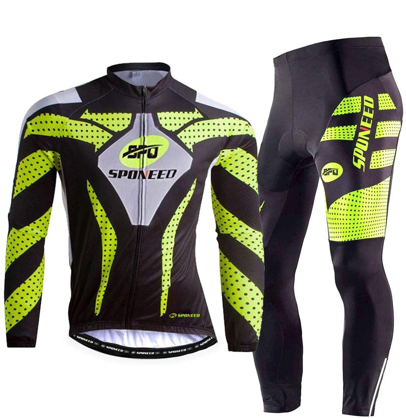 sponeed Men's Road Cycling Jersey Suits Bike Leggings Bicycle Wear Long sleeve Gel padded Pants US S Green - Image 1