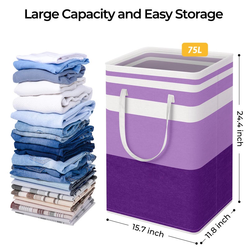 HomeHacks 2 Pack Large Laundry Baskets, Waterproof, Freestanding Laundry Hampers, Collapsible Clothes Hamper with Reinforced Handles in Laundry, College Dorm, Bathroom, Bedroom (Purple, 75Lx2) - Image 4