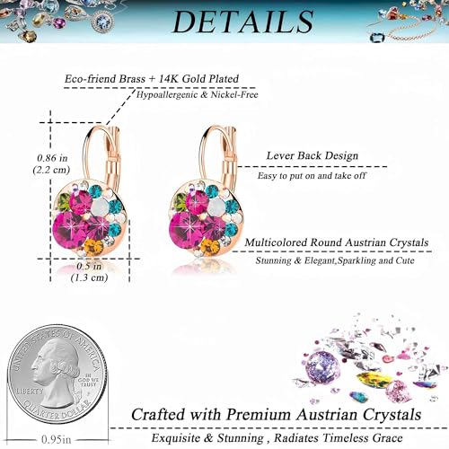 EVEVIC Multicolored Austrian Crystal Drop Earrings for Women 14K Gold Plated Leverback Dangle Hoop Earrings (Rose Main Crystal/Rose Gold-tone) - Image 4